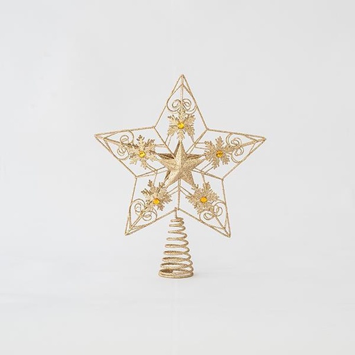 [600-44926] TOP ÁRBOL DE ALAMBRE, ORO CLARO, ESTRELLA CON DISEÑOS, 30x25cm