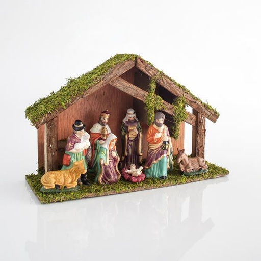 [600-44530] ESTABLO DE MADERA CON 9 FIGURAS DE PORCELANA, 35x12x22cm