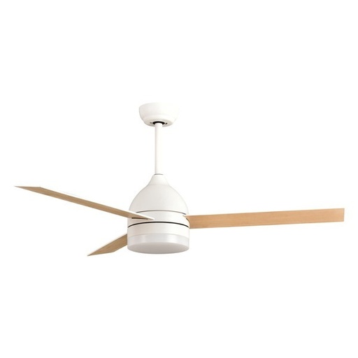 [300-25064] VENTILADOR DECORATIVO COLOR BLANCO ASPAS EN MADERA Ø107 MOTOR DC 22W CON LUZ LED Y MANDO A DISTANCIA