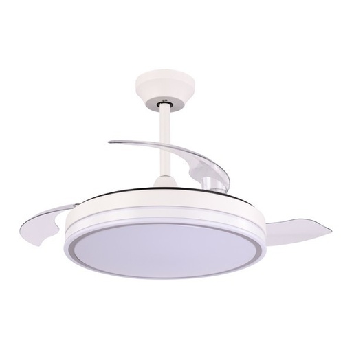 [300-25065] VENTILADOR DECORATIVO BLANCO-NIQUEL CON ASPAS RETRÁCTILES, LUZ LED Y CONTROL REMOTO Ø107 MOTOR DC 32W