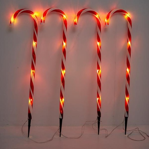 [600-04702] LÍNEA, 4 CARAMELOS DE PLÁSTICO ROJOS Y BLANCOS 70cm, Φ2.5cm, PANEL SOLAR CON SENSOR DE LUZ, 8 M/F, 40 LED BLANCO CÁLIDO, POR 50cm, CABLE DE CONDUCCIÓN 1.5m, IP44