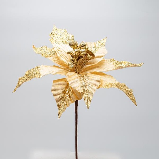[600-47602] FLOR DE POINSETTI, DORADA, CON BRILLO EN LA MITAD DE LA HOJA, 26x20cm