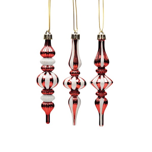 [600-47779] ESTALACTITA DE PLÁSTICO, ROJA CON BLANCO, SET DE 3 PIEZAS, 13 cm