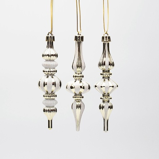 [600-47778] ESTALACTITA DE PLÁSTICO, DORADA CON BLANCO, SET DE 3 PIEZAS, 13 cm