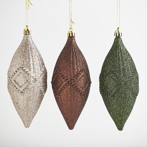 [600-42751] CARÁMBANO DE PLÁSTICO, SET DE 3 PIEZAS, VERDE, CHAMPÁN, MARRÓN, 15,5 cm