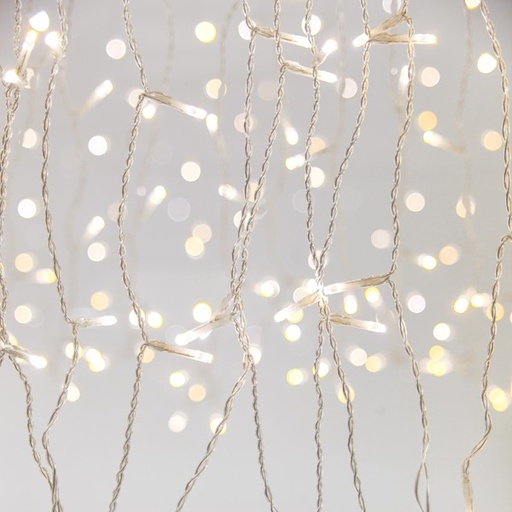 [600-01160] CORTINA, 360 LED 2CHIP 3 mm, ADAPTADOR 31 V, 4 CONECTORES HASTA 3 JUEGOS, 8 M/F Y MEMORIA, TEMPORIZADOR Y REGULADOR, CONTROL REMOTO, CABLE DE PVC TRANSPARENTE, LED BLANCO CÁLIDO Y BLANCO, (Alto 200 x Ancho 200 cm, 20 LÍNEAS x 18 LED), CABLE DE CONDUCCIÓN 3 m, IP44