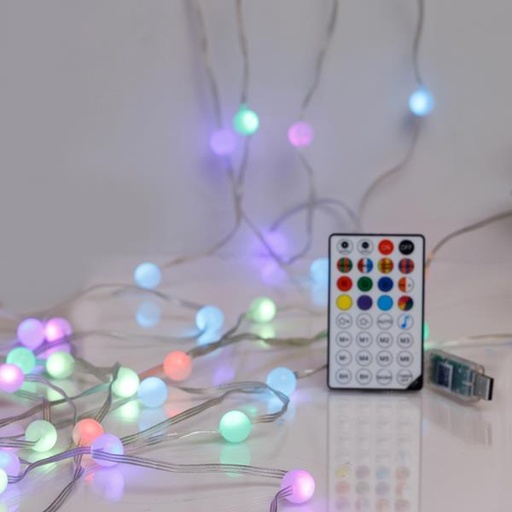 [600-01321] LÍNEA, 100 MINI LED, BOLAS BLANCAS 1,5 cm, USB, CONTROLADO POR APP, CONTROL REMOTO, CABLE DE COBRE PLANO TRANSPARENTE, LED RGB, POR 15 cm, CABLE 3 m, IP20 (paquete en rollo)