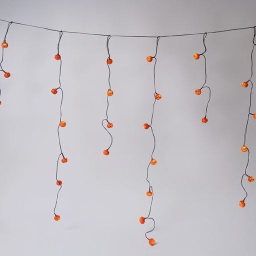 [600-02110] Cortina, 50 LED 3mm, Calabazas decorativas de Halloween, Caja de pilas 3xAA, Temporizador, Cable de PVC negro, LED blanco cálido, 180x106cm, IP20