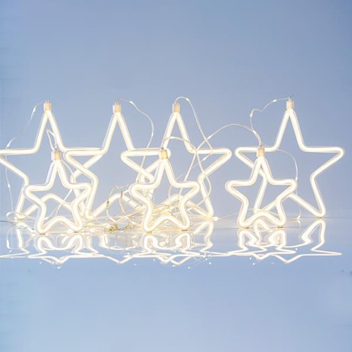 [600-02340] CORTINA, 47 MINI LED, ADAPTADOR DE 27 V, CON 4 ESTRELLAS GRANDES DE 18 cm Y 3 ESTRELLAS PEQUEÑAS DE 14 cm CON LUZ DE CUERDA DE NEÓN, 4 CONECTORES DE 3 PUNTOS, CABLE DE COBRE PLATEADO, LED BLANCO CÁLIDO, LUZ DE CUERDA DE NEÓN BLANCO CÁLIDO, (Alto 108 x Ancho 150 cm), CABLE DE CONDUCCIÓN 3 m, IP44
