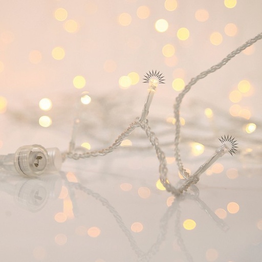 [600-02563] LÍNEA, 700 LED FLASH 5 mm, ADAPTADOR 31 V, 4 CONECTORES HASTA 2 JUEGOS, CABLE PVC TRANSPARENTE, LED BLANCO CÁLIDO, POR 10 cm, CABLE 3 m, IP44