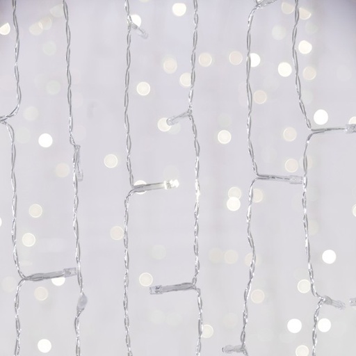 [600-02690] CORTINA, 500 LED FLASH 5mm, ADAPTADOR 31V, 4 CONECTORES HASTA 3 JUEGOS, CABLE PVC TRANSPARENTE, LED BLANCO, 300x250cm, CABLE 3m, IP44