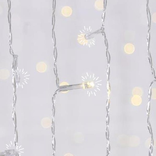 [600-02691] CORTINA, 500 LED FLASH 5mm, ADAPTADOR 31V, 4 CONECTORES HASTA 3 JUEGOS, CABLE PVC TRANSPARENTE, LED BLANCO CÁLIDO (Alto 250 x Ancho 300cm, 20 LÍNEAS x 25 LED), CABLE 3m, IP44