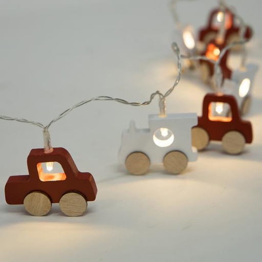 [600-03053] LÍNEA 10 LED CON COCHES DECORATIVOS DE MADERA, CAJA DE PILAS 3XAA, TEMPORIZADOR, LED BLANCO CÁLIDO, POR 10cm, CABLE DE PVC TRANSPARENTE, CABLE DE CONDUCCIÓN 30cm, IP20