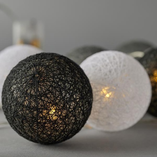 [600-03058] LÍNEA, 10 LED 5 mm, CON BOLAS DE ALGODÓN 6 cm, BLANCO, GRIS, NEGRO, CAJA DE PILAS 2xAA, TEMPORIZADOR, CABLE DE PVC TRANSPARENTE, LED BLANCO CÁLIDO, POR 15 cm, CABLE DE CONDUCCIÓN 30 cm, IP20