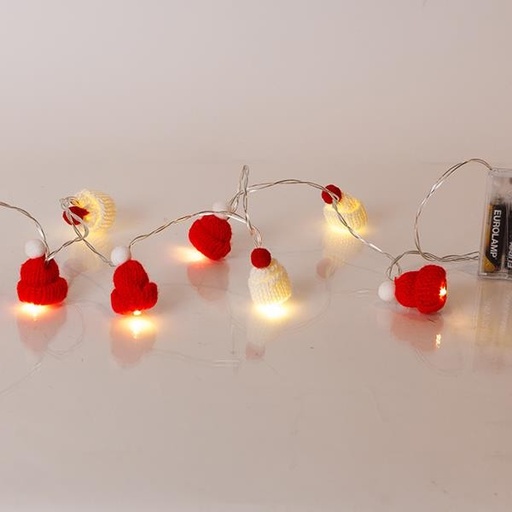 [600-03059] LÍNEA, 10 LED 5mm, CON GORRO DE LANA, CAJA DE PILAS 3xAA, TEMPORIZADOR, CAJA DE PVC TRANSPARENTE, LED BLANCO CÁLIDO, POR 15cm, CABLE DE CONDUCCIÓN 30cm, IP20