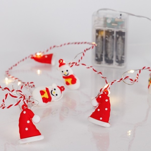 [600-03065] LÍNEA, 20 MINI LED, SOMBRERO Y MUÑECO DE NIEVE, CAJA DE PILAS 3xAA, TEMPORIZADOR, CABLE ROJO Y BLANCO PLATEADO, LED BLANCO CÁLIDO, POR 10 cm, CABLE DE CONDUCCIÓN 30 cm, IP20