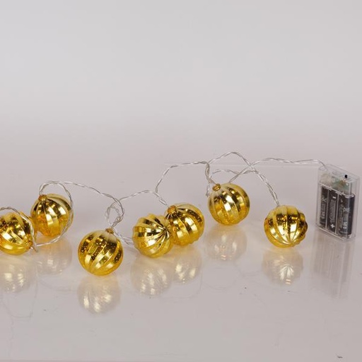 [600-03070] LÍNEA, 10 LED 5 mm, BOLA DE PLÁSTICO DORADA, CAJA DE PILAS 3xAA, TEMPORIZADOR, CABLE DE PVC TRANSPARENTE, LED BLANCO CÁLIDO, POR 15 cm, CABLE DE CONDUCCIÓN 30 cm, IP20