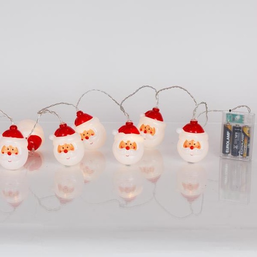 [600-03071] LÍNEA, 10 LED 5 mm, CABEZA DE PAPÁ NOEL, CAJA DE PILAS 3xAA, TEMPORIZADOR, CABLE DE PVC TRANSPARENTE, LED BLANCO CÁLIDO, POR 15 cm, CABLE DE CONDUCCIÓN 30 cm, IP20