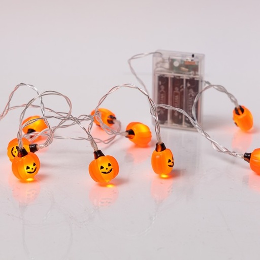 [600-03074] LÍNEA, 10 MINI LED, CALABAZA CON DISEÑO DE HALLOWEEN, CAJA DE PILAS 3xAA, TEMPORIZADOR, CABLE DE PVC TRANSPARENTE, LED BLANCO CÁLIDO, POR 15cm, CABLE DE CONDUCCIÓN 30cm, IP20
