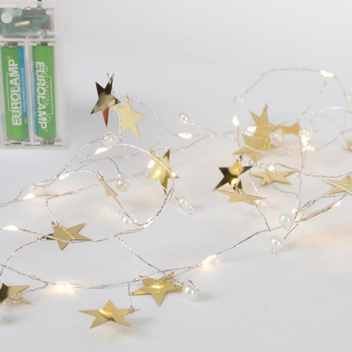 [600-03341] LÍNEA 20 MINI LED CON ESTRELLAS DECORATIVAS Y PERLA, CAJA DE PILAS 3XAA, TEMPORIZADOR, LED BLANCO CÁLIDO, CABLE DE COBRE, CABLE DE PLOMO 30cm, IP20