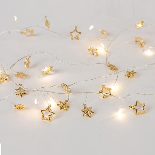 [600-03342] LÍNEA 20 MINI LED CON ESTRELLAS DECORATIVAS, CAJA DE PILAS 3XAA, TEMPORIZADOR, LED BLANCO CÁLIDO, CABLE DE COBRE PLATEADO, CABLE DE PLOMO 30cm, IP20