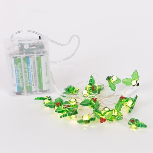 [600-03343] LÍNEA 20 LED CON MUÉRDAGO ACRÍLICO DECORATIVO, CAJA DE PILAS 3XAA, TEMPORIZADOR, LED BLANCO CÁLIDO, CABLE DE COBRE, CABLE DE CONDUCCIÓN 30cm, IP20