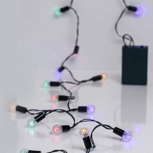 [600-03346] LÍNEA, 20 LED 5mm CON BOLAS DECO VINTAGE 1,5cm, CAJA DE PILAS 3XAA, TEMPORIZADOR, CABLE PVC VERDE, MULTI LED, POR 10cm, CABLE CONDUCTOR 30cm, IP20