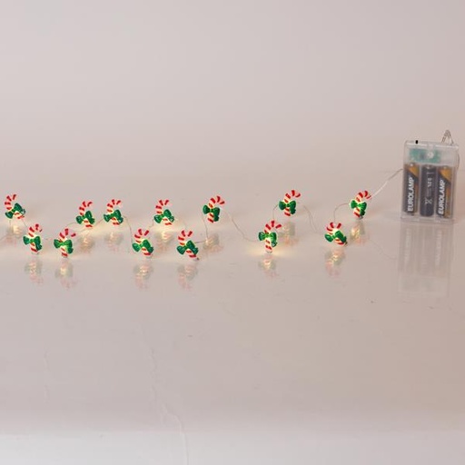 [600-03355] LÍNEA, 20 MINI LED, CARAMELO CON LAZO VERDE, CAJA DE PILAS 3xAA, TEMPORIZADOR, CABLE DE COBRE PLATEADO, LED BLANCO CÁLIDO, POR 10cm, CABLE DE CONDUCCIÓN 30cm, IP20
