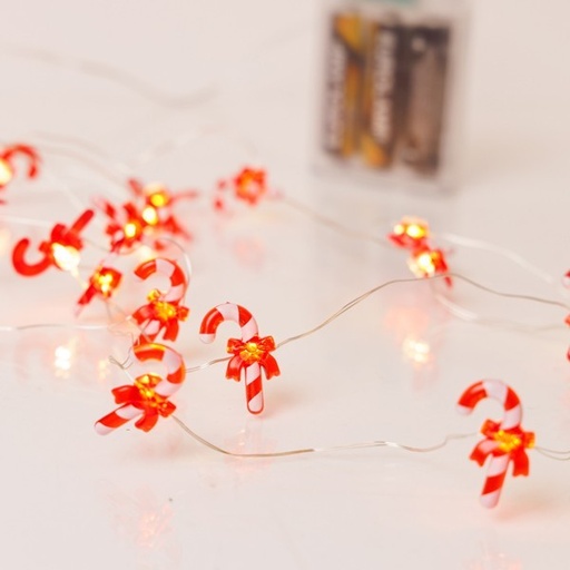 [600-03356] LÍNEA, 20 MINI LED, CARAMELO CON LAZO ROJO, CAJA DE PILAS 3xAA, TEMPORIZADOR, CABLE DE COBRE PLATEADO, LED BLANCO CÁLIDO, POR 10cm, CABLE DE CONDUCCIÓN 30cm, IP20