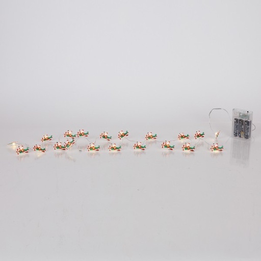 [600-03359] LÍNEA, 20 MINI LED, PAPÁ NOEL CON AVIÓN, CAJA DE PILAS 3xAA, TEMPORIZADOR, CABLE DE COBRE PLATEADO, LED BLANCO CÁLIDO, POR 10cm, CABLE DE CONDUCCIÓN 30cm, IP20