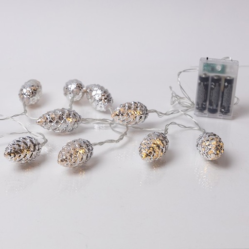 [600-03363] LÍNEA, 20 LED 5 mm, PINCONE PLATEADO, CAJA DE PILAS 3xAA, TEMPORIZADOR, CABLE DE PVC TRANSPARENTE, LED BLANCO CÁLIDO, POR 15 cm, CABLE DE CONDUCCIÓN 30 cm, IP20