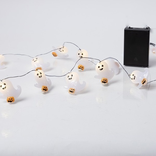 [600-03365] LÍNEA, 20 MINI LED, FANTASMAS CON CALABAZAS, CAJA DE PILAS 3xAA, TEMPORIZADOR, CABLE DE COBRE NEGRO, LED BLANCO CÁLIDO, POR 10cm, CABLE DE CONDUCCIÓN 30cm, IP20