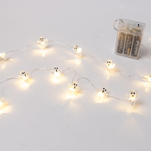 [600-03366] LÍNEA, 20 MINI LED, FANTASMAS, CAJA DE PILAS 3xAA, TEMPORIZADOR, CABLE DE COBRE PLATEADO, LED BLANCO CÁLIDO, POR 10cm, CABLE DE CONDUCCIÓN 30cm, IP20