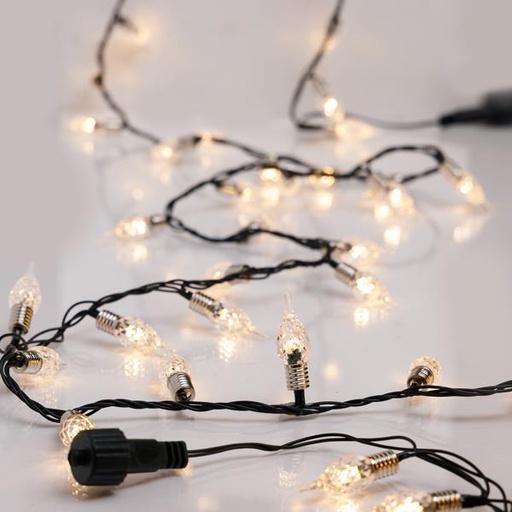 [600-03961] LÍNEA, 200 LED 5 mm CON DECORACIÓN VINTAGE 1,2 mm, ADAPTADOR 31 V, 4 CONECTORES HASTA 3 JUEGOS, CABLE PVC VERDE, LED BLANCO CÁLIDO, POR 5 cm, CABLE 3 m, IP44