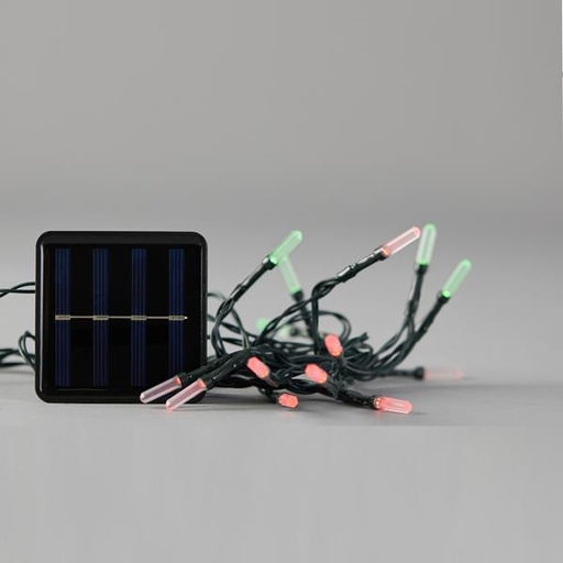 [600-04114] LÍNEA, 80 LED 5 mm CON EXTENSIÓN ACRÍLICA, PANEL SOLAR CON SENSOR DE LUZ, 8 M/H, CABLE PVC VERDE, LED ROJO Y VERDE, POR 10 cm, CABLE CONDUCTOR 1 m, IP44