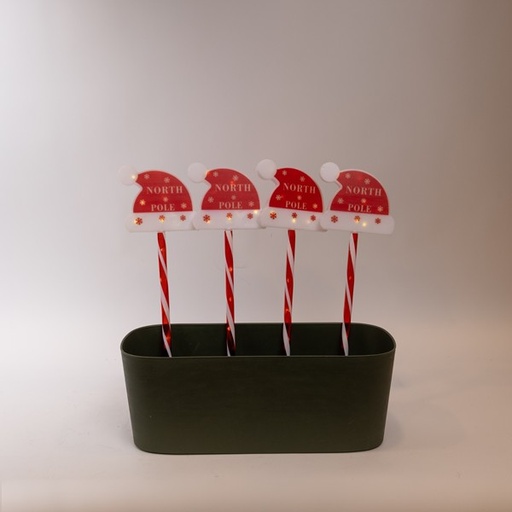 [600-04704] LÍNEA, 36 MINI LED, 4 SEÑALES DE PLÁSTICO CON SOMBRERO DE PAPÁ NOEL EN LA PARTE SUPERIOR DE 12 cm, CON PISTA DE TIERRA DE 37 cm, PANEL SOLAR CON SENSOR DE LUZ, 8 M/H, CABLE DE COBRE PLANO TRANSPARENTE, LED BLANCO CÁLIDO, POR 1 m, IP44