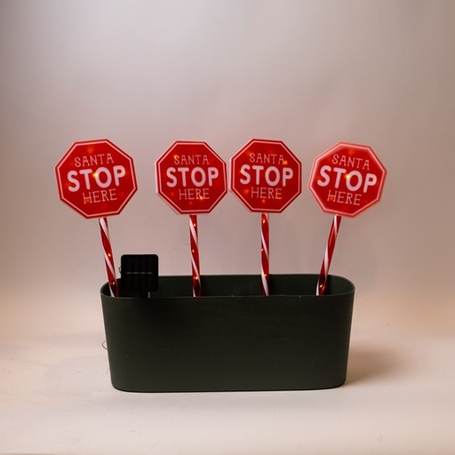 [600-04705] LÍNEA, 36 MINI LED, 4 SEÑALES DE PLÁSTICO CON PARADA DE NAVIDAD DE 15 cm, CON PISTA DE BASE DE 37 cm, PANEL SOLAR CON SENSOR DE LUZ, 8 M/H, CABLE DE COBRE PLANO TRANSPARENTE, LED BLANCO CÁLIDO, POR 1 m, IP44