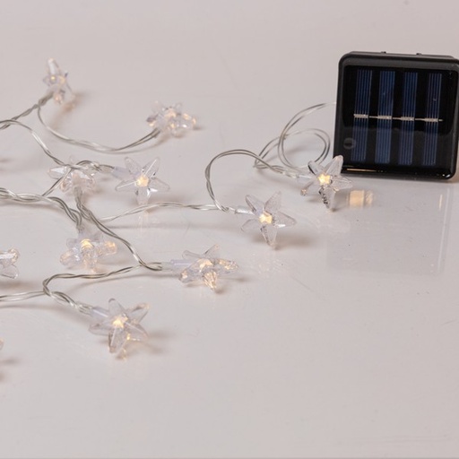 [600-04780] LÍNEA, 60 LED 5 mm, ESTRELLAS DE PLÁSTICO, PANEL SOLAR CON SENSOR DE LUZ, 8 Μ/F, CABLE DE PVC TRANSPARENTE, LED BLANCO CÁLIDO, POR 10 cm, CABLE DE CONDUCCIÓN 60 cm, IP44