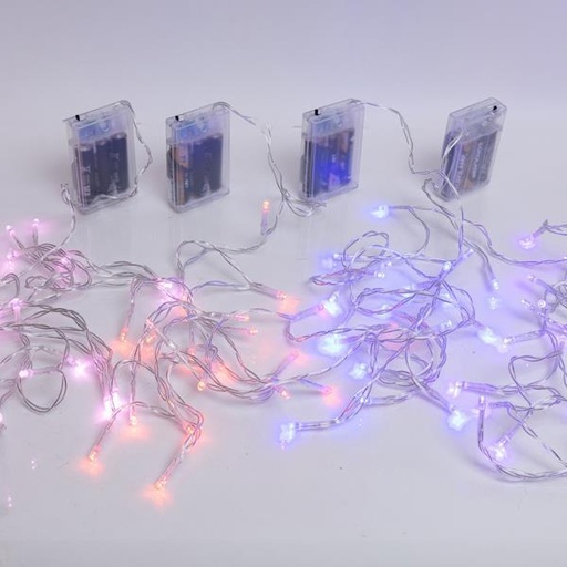 [600-05090] LÍNEA DE 20 LED DE 5 mm, CAJA PARA PILAS 3XAA, TEMPORIZADOR, CABLE DE PVC TRANSPARENTE, LED ROJO, AZUL, ROSA O MORADO, POR 10 cm, CABLE DE CONDUCCIÓN DE 30 cm, IP20, CAJA DE EXHIBICIÓN DE 24 UDS. (6 UDS. DE CADA COLOR)