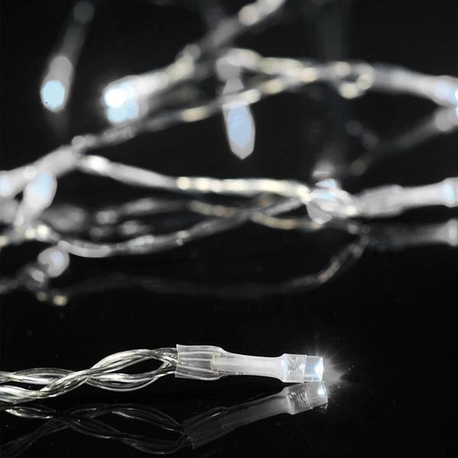 [600-05240] LÍNEA 50 LED 5 mm, CAJA DE PILAS 3XAA, TEMPORIZADOR, CABLE TRANSPARENTE, LED BLANCO, CADA 10 cm, CABLE DE CONDUCCIÓN 30 cm, IP20, CAJA DE EXPOSICIÓN (24 UDS.)