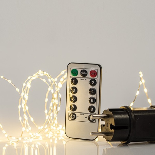 [600-07201] LÍNEA, 300 MINI LED, ADAPTADOR, CON CONTROL REMOTO (ENCENDIDO/APAGADO, TEMPORIZADOR, DIMMER), CABLE DE COBRE PLATEADO, LED BLANCO CÁLIDO, POR 1,5 cm, CABLE DE CONDUCCIÓN 3 m, IP44