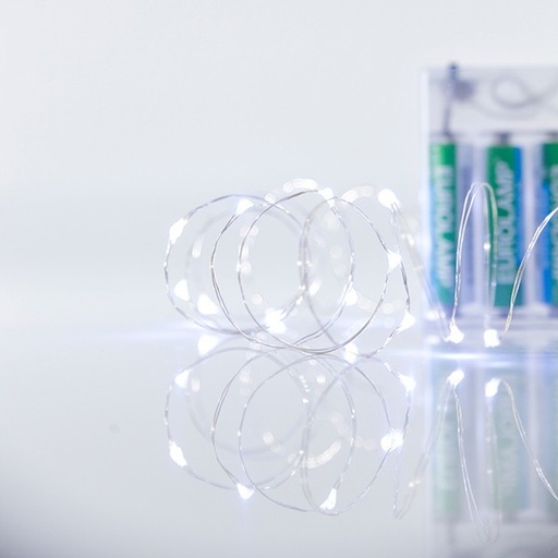 [600-07640]  LÍNEA, 20 MINI LED, CAJA DE PILAS 2XAA, TEMPORIZADOR, CABLE DE COBRE PLATEADO, LED BLANCO, POR 10 cm, CABLE DE CONDUCCIÓN 10 cm, IP20, CAJA DE EXPOSICIÓN (24 UDS.)