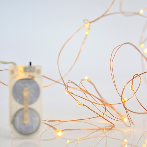 [600-07911] LÍNEA, 12 MINI LED, CAJA DE PILAS 2xCR2032, CABLE DE COBRE BRONCE, BLANCO CÁLIDO, POR 10 cm, CABLE DE CONDUCCIÓN 10 cm, IP20