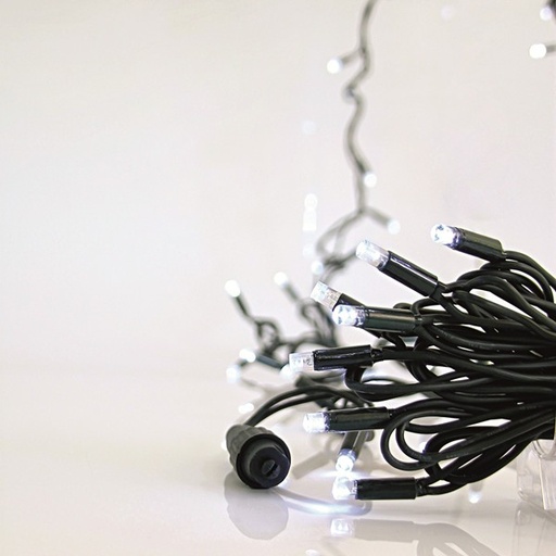 [600-09108] LÍNEA, 100 LED 5mm CON COPAS, 230V, 3 CONECTORES HASTA 9 SET, CABLE DE GOMA VERDE, 90 LED BLANCOS + 10 LED BLANCOS FLASH, POR 10cm, CABLE 1.5m, IP65