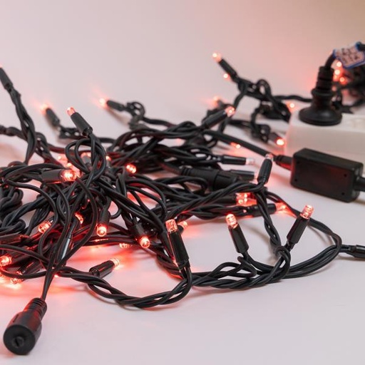 [600-09112] LÍNEA, 100 LED 5 mm CON COPAS, 230 V, 3 CONECTORES HASTA 9 JUEGOS, CABLE DE GOMA VERDE, 90 LED ROJOS + 10 LED FLASH BLANCO CÁLIDO, POR 10 cm, CABLE DE CONDUCCIÓN 1,5 m, IP65