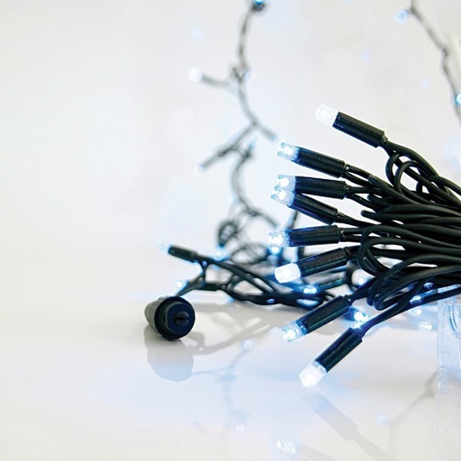 [600-09267] LÍNEA, 100 LED 5 mm CON COPAS, 230 V, 3 CONECTORES HASTA 9 JUEGOS, CABLE DE GOMA VERDE, AZUL + 10 LED DE DESTELLO BLANCOS, POR 10 cm, IP65 (SIN ENCHUFE, SIN CABLE)