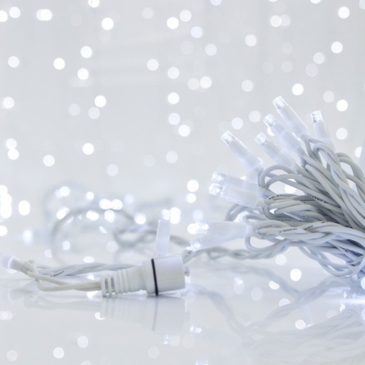 [600-09281] LÍNEA, 100 LED 5 mm CON COPAS, 230 V, 2 CONECTORES HASTA 9 JUEGOS, CABLE DE GOMA BLANCO, BLANCO, POR 10 cm, IP65 (SIN ENCHUFE, SIN CABLE)