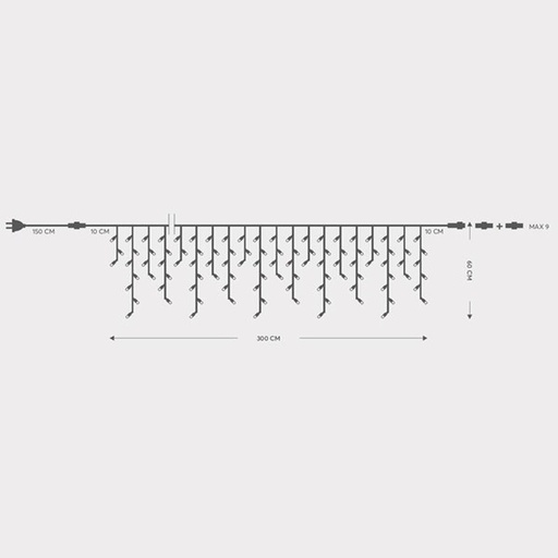 [600-09580] CARÁMBANO, 144 LED 5 mm CON COPAS, 230 V, 3 CONECTORES HASTA 8 JUEGOS, CABLE DE GOMA VERDE, LED BLANCO (Alto 60 x Ancho 300 cm, 5/7/5/7), CABLE CONDUCTOR 1,5 m, IP65