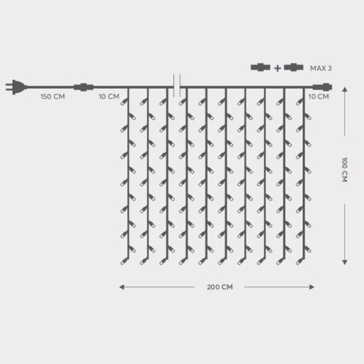 [600-09670] CORTINA, 200 LED 5mm CON COPAS, 230V, 3 CONECTORES HASTA 5 JUEGOS, CABLE DE GOMA VERDE, LED BLANCO (Alto 100 x Ancho 200cm, 20 LÍNEAS x 10 LED), CABLE DE CONDUCCIÓN 1,5m, IP65