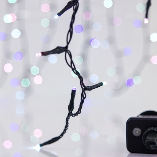 [600-13168] LÍNEA, 100 LED 3 mm, ADAPTADOR 31 V, 8 M/F Y MEMORIA, CABLE PVC VERDE, LED ÓPALO MULTICOLOR, POR 5 cm, CABLE CONDUCTOR 3 m, IP44